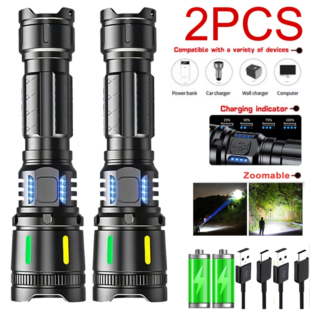 E-shop Set mit 2 hochintensiven, wiederaufladbaren Taschenlampen mit 4 Beleuchtungseinstellungen, mit einem LED-Taktikdesign. Diese handlichen