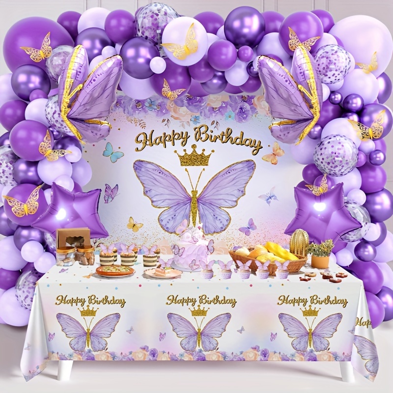 

95pcs, Purple Birthday Decoration Set, Backdrop & Table Cloth & Balloons, Decoration Supplies For Girls Princess Birthday Party