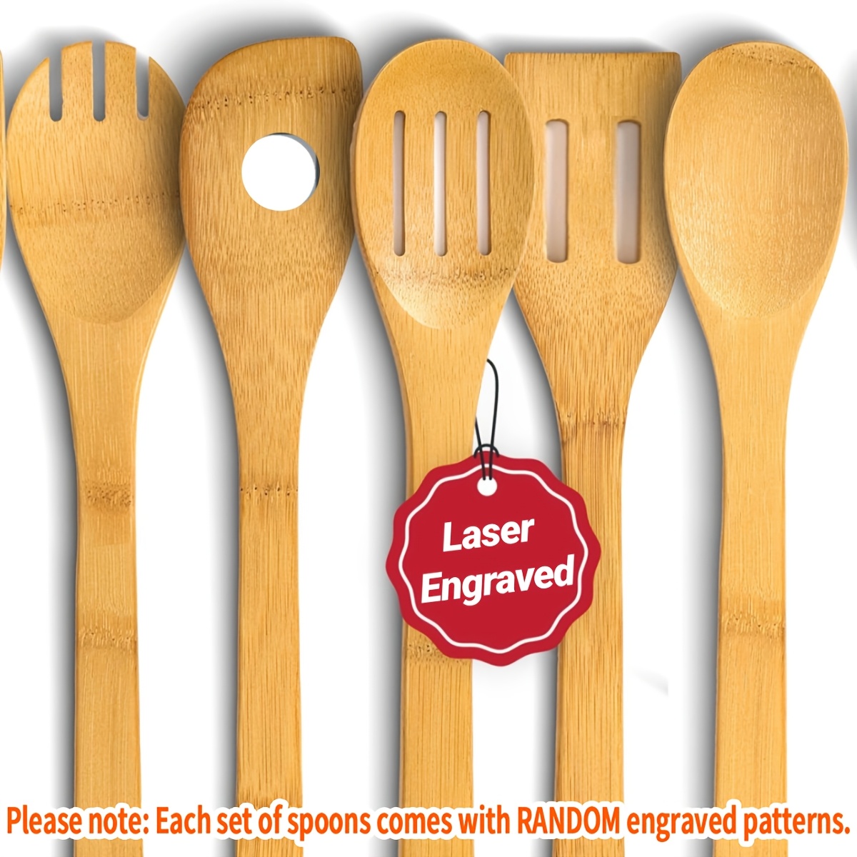 TEMU 5pcs Random Wooden Cooking Utensils Set Bamboo Kitchen Tools Random Laser Engraved Style
