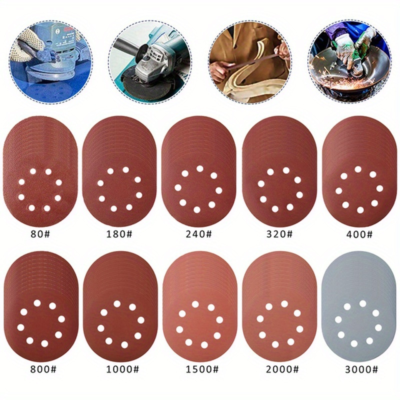 TEMU 50pcs 125mm Round Sandpaper Discs With Backing, Designed For Sanding And Polishing, With 8 Holes
