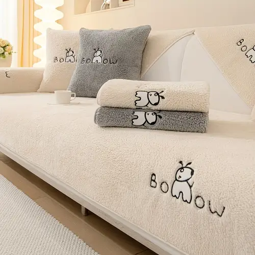 1pc plush sofa slipcover thickened pet friendly couch protector with bow embroidery fuzzy non slip room bedroom or office decor fits single to four seater sofas grey office couch cover design nonslip feature slip covers for couch