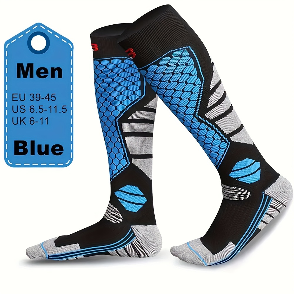 

Men's Thermal Fleece-lined Over-the-knee Ski Socks - Breathable & Warm For Winter Sports, Hiking & Skating - Blue With Black & Gray Accents, Us 6-11.5 - Hand Wash Only