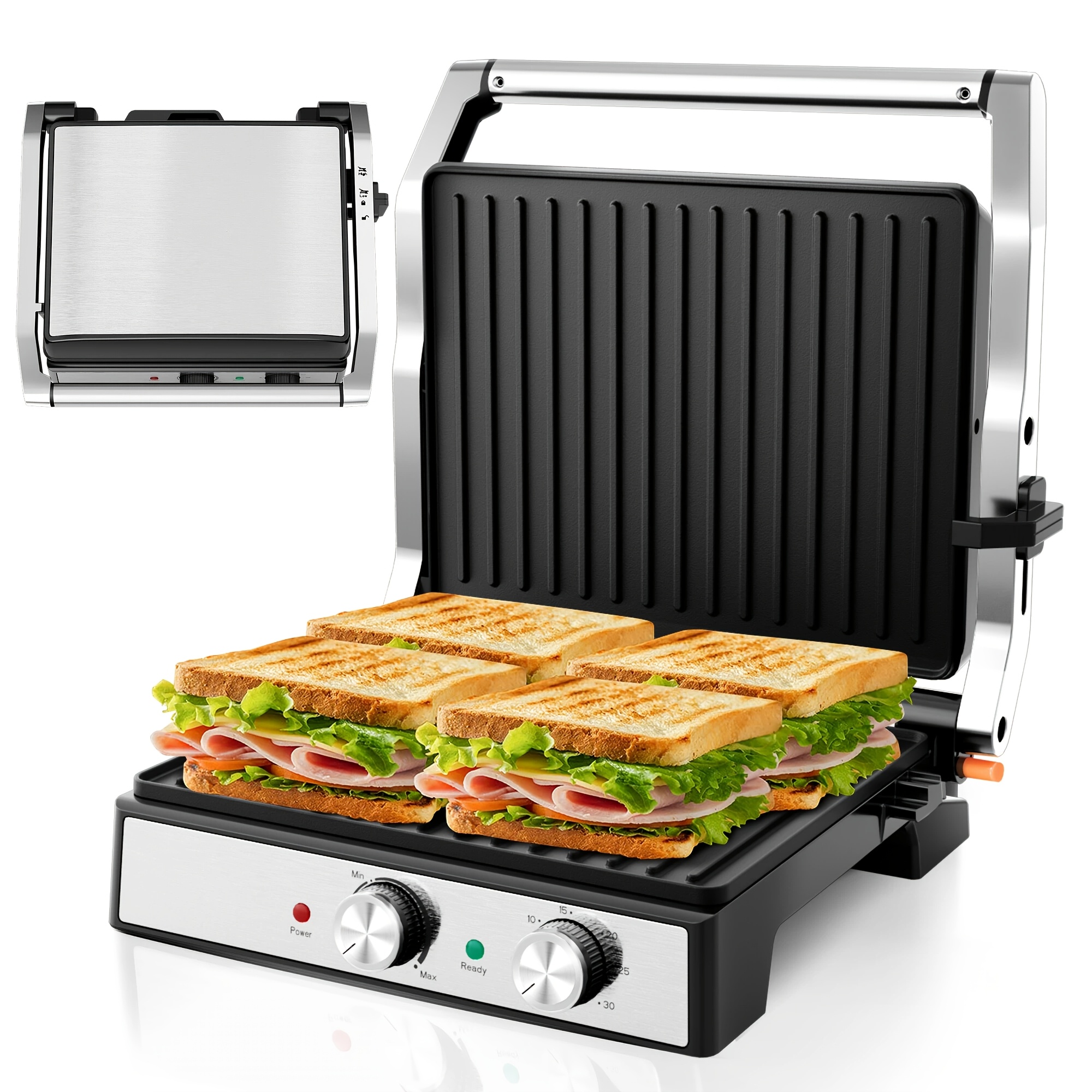 TEMU 1600w 4- With Timer, Adjustable Temp & 180&deg; Opening - Electric Grill, Stainless Steel Sandwich Maker For Panini, Sandwiches, Burgers, Steaks, Christmas Gift