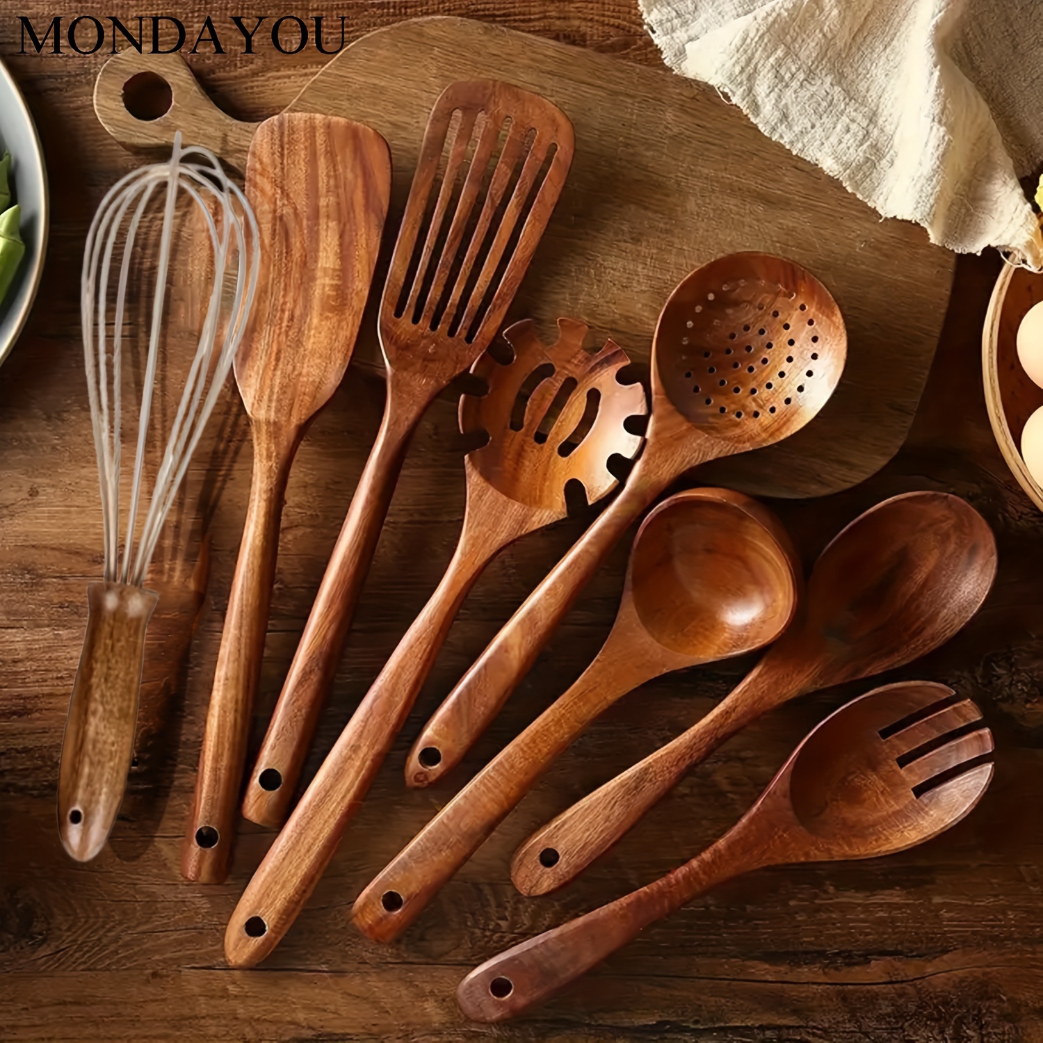 

8pcs/set, Kitchen Utensils Set, Teak Wood Cooking Utensils Spoons Spatulas Spurtles Kit Non-stick Natural Kitchen Tools For Cooking