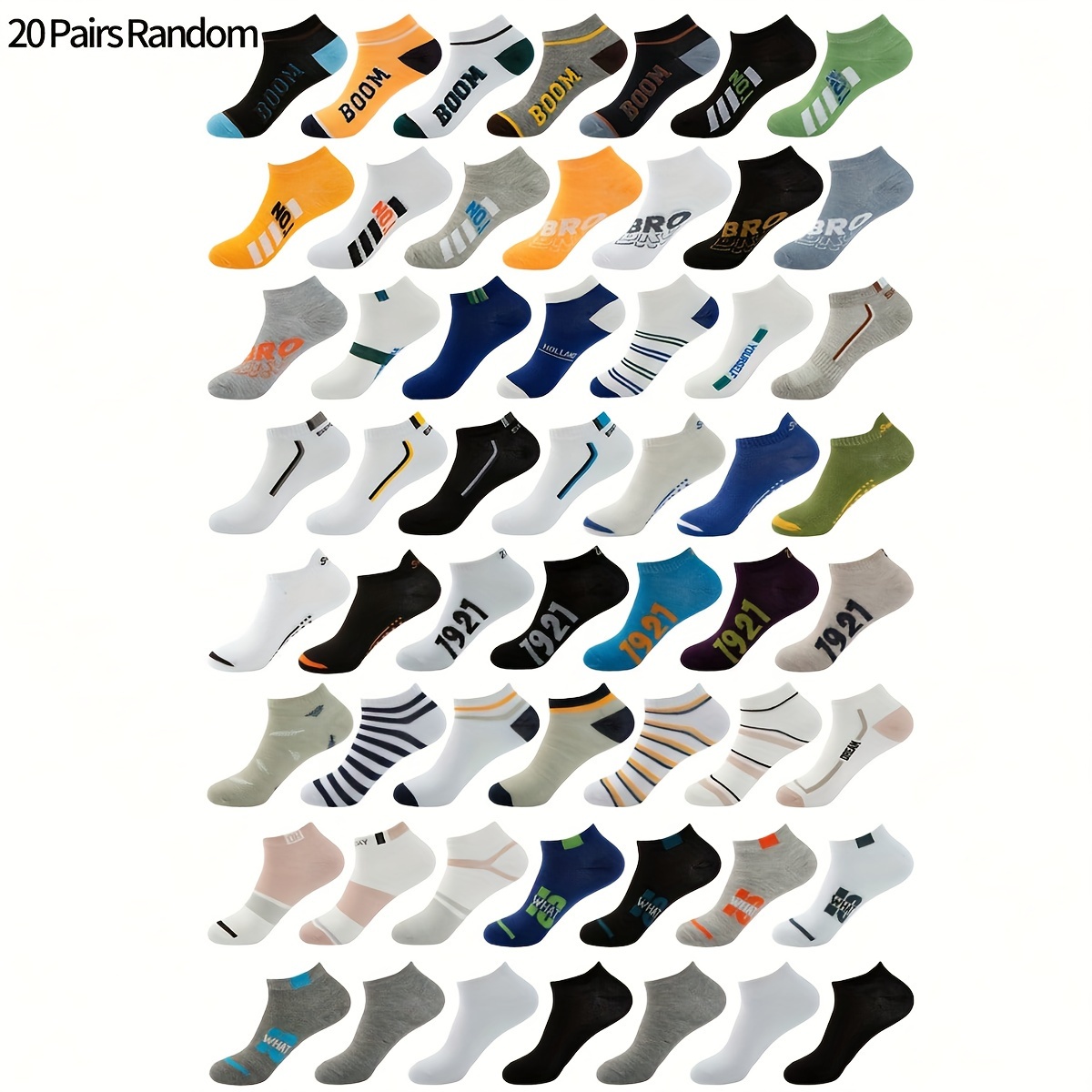 

20 Pairs Of Men's Extra Low Cut Socks, Sporty Style Letter/number/stripe Pattern Casual Comfy Socks, Summer & Spring