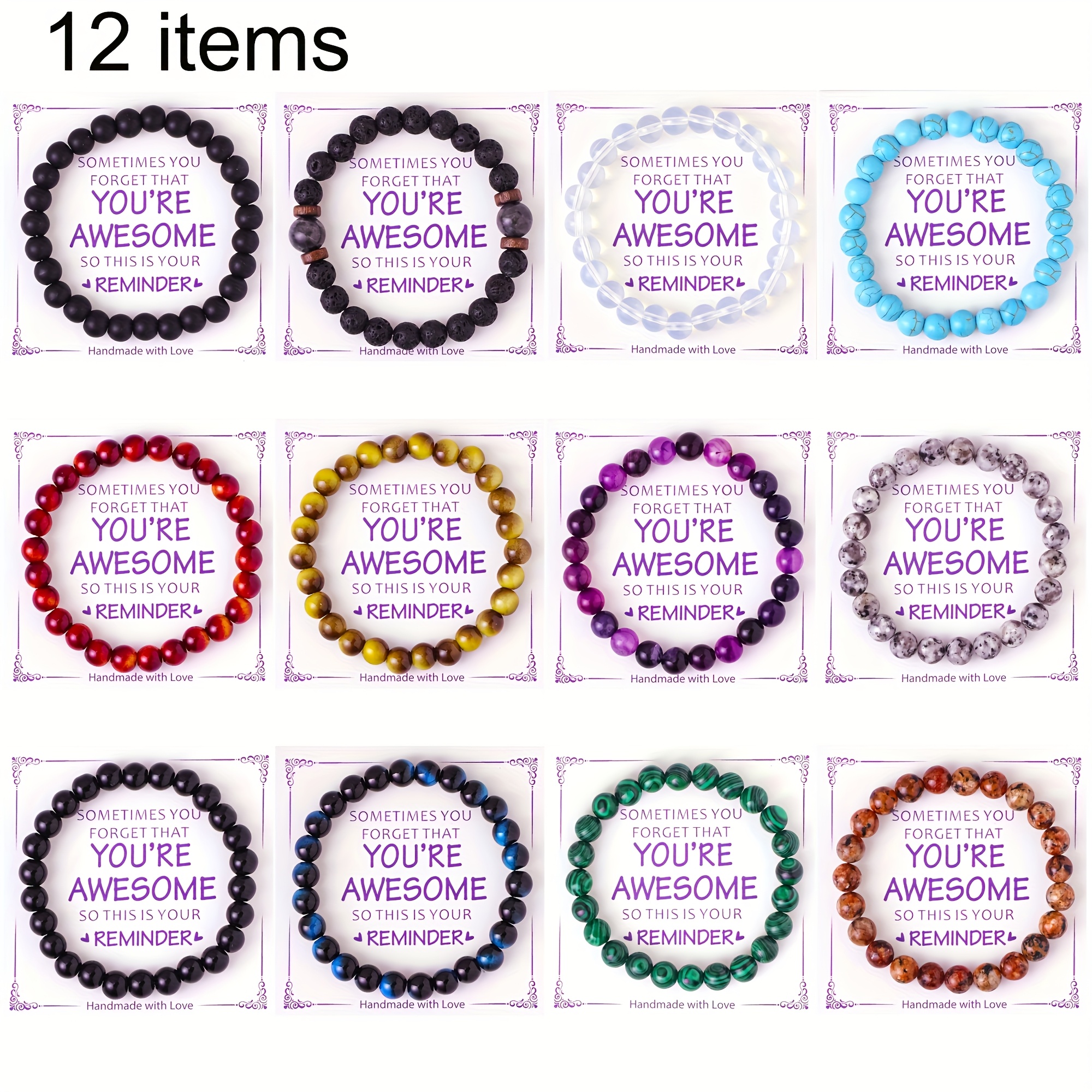 TEMU This Set Of Bracelets In Bohemian Style Includes 12pcs Made Of 8mm Natural Stone Beads And Glass Beads. For Men And Women To Wear As A Present