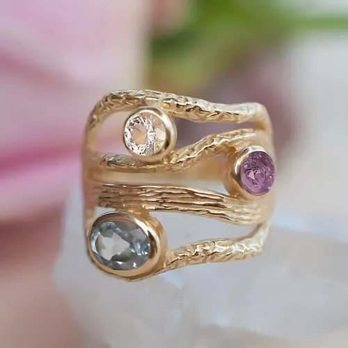 elegant boho chic multi layer geometric ring with pink clear cubic synthetic zirconia accents versatile jewelry for weddings parties anniversaries valentines day gifts for her