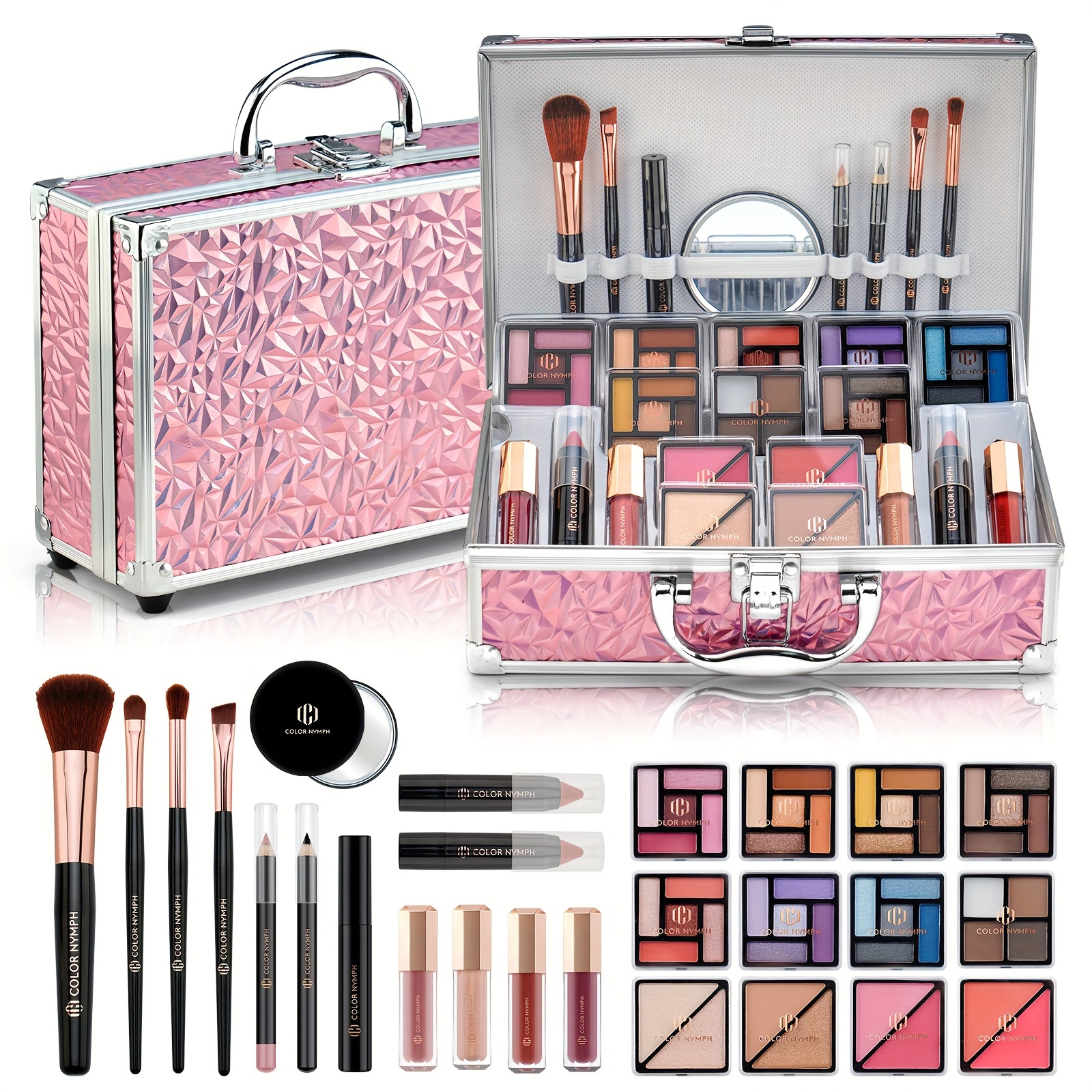 Conjunto de Maquiagem Inicial para Meninas Pré-adolescentes, Estojo de Maquiagem Completo para Mulheres com Sombra, Batom, Blush, Pincéis, Gloss Labial, Máscara de Cílios, Cera para Sobrancelhas e Espelho Rosa Conjunto Completo de Cosméticos Inicial detalhes 1
