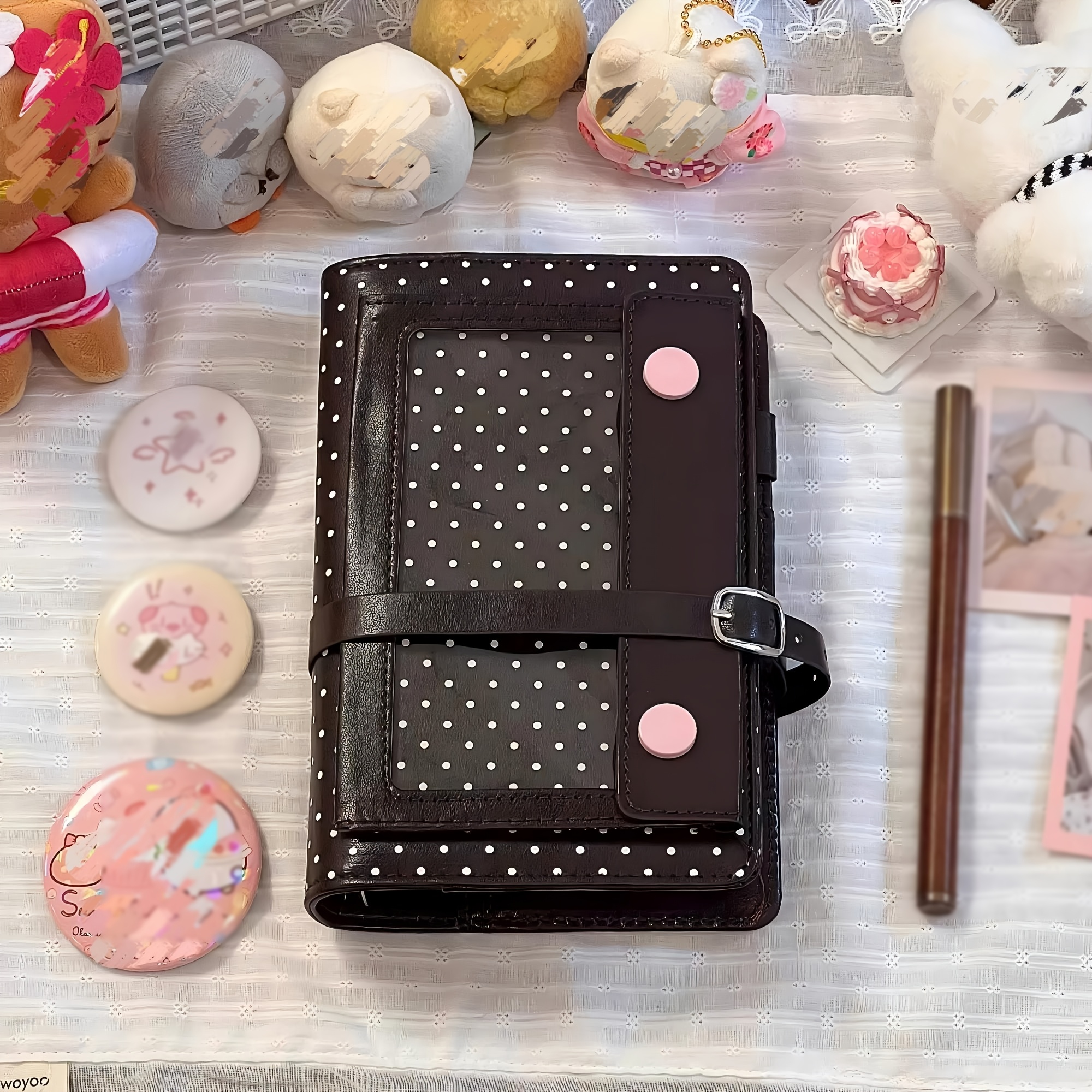 TEMU Sweet Polka Dot Strawberry Chocolate A6 Binder Notebook, Cover Foldable Notepad With Transparent Display Window Card Storage, Exquisite ,