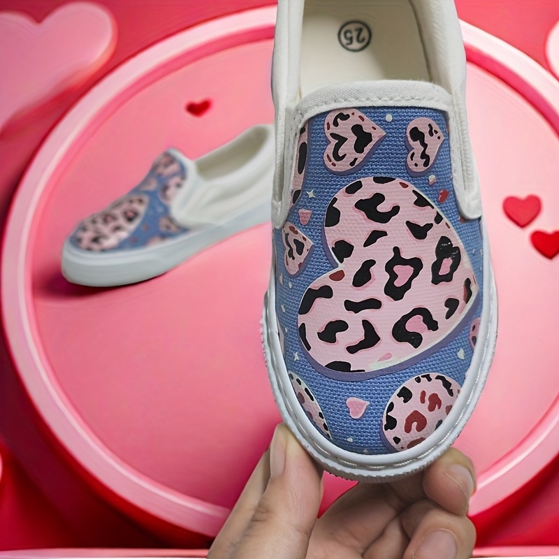 girls slip leopard print heart canvas shoes black Temu