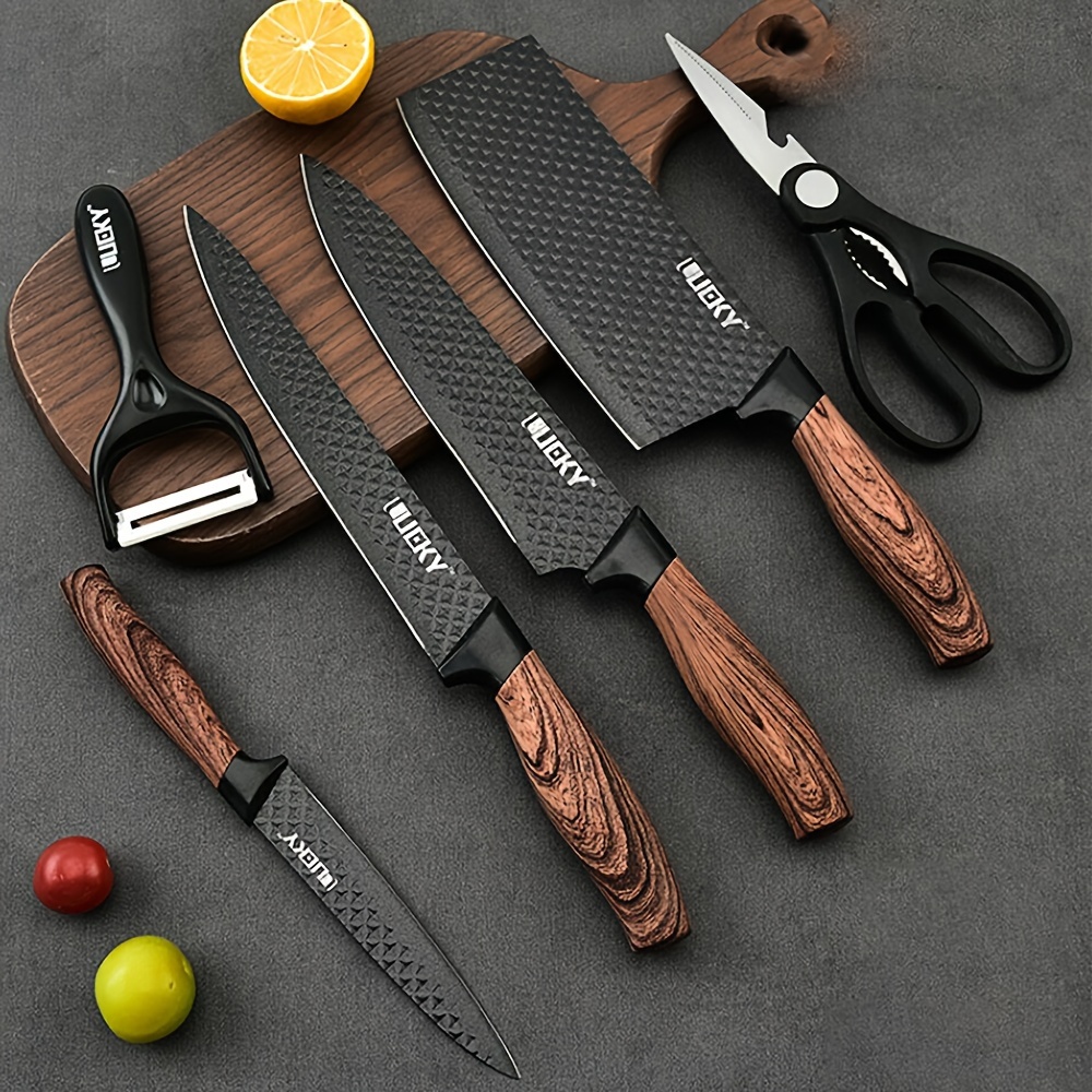 Ensemble de 6 couteaux de cuisine, chef professionnel, couperet, trancheur, couteau utilitaire, éplucheur et ciseaux en acier inoxydable à haute teneur en carbone, ultra-aiguisés avec manche ergonomique en bois antiadhésif, ensemble de couteaux de cuisine pour la maison, les voyages, les légumes, la viande, les fruits avec coffret cadeau