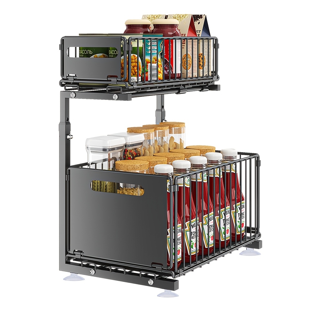 2-tier Under Sink Organizer, Pull-out Drawers, Carbon Steel, Storage For Kitchen & Bathroom, No-drill Slide Out Storage For Kitchen, Adjustable Height, Black, Strong Bearing Capacity