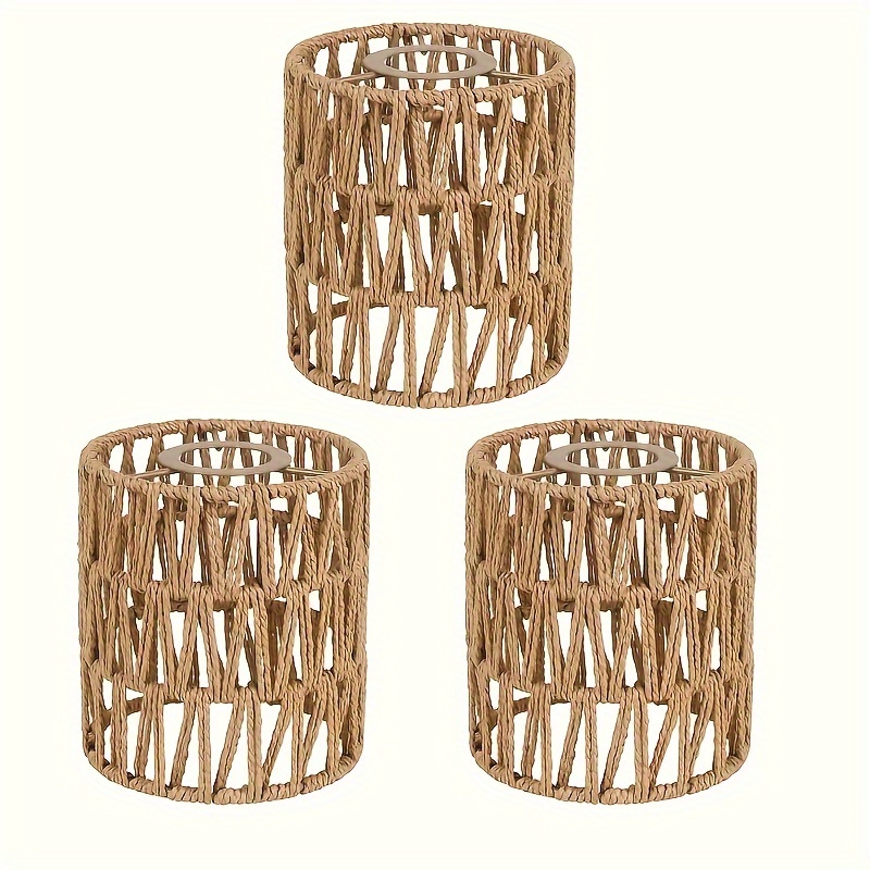 3pcs Boho Rattan Lamp Shades - 5.9" Tall, 5" Wide, Cylinder Woven Design For Floor Lamps, Pendants, Chandeliers & Wall Sconces