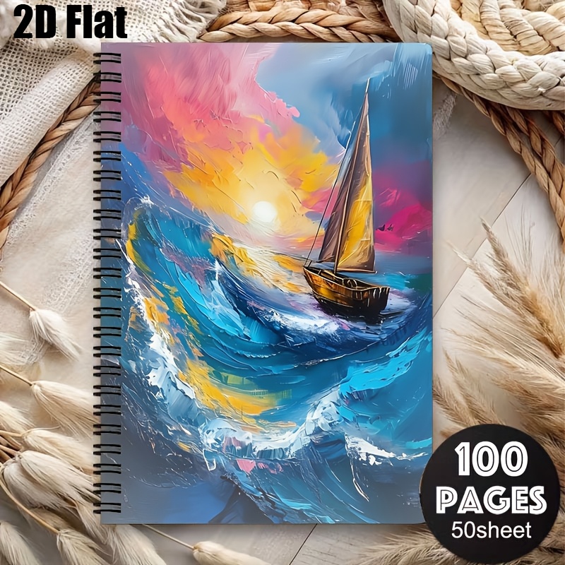 photo de l'article 1pc [2D]   à spirale plats,   à spirale A5 pour la rentrée scolaire, Couverture d illustration sur toile d ondes de  , Journal de poche d   en classe, Journal de voyage, Cadeau pour les étudiants et les enseignants, Convient pour la rentrée scolaire,   d étudiants
