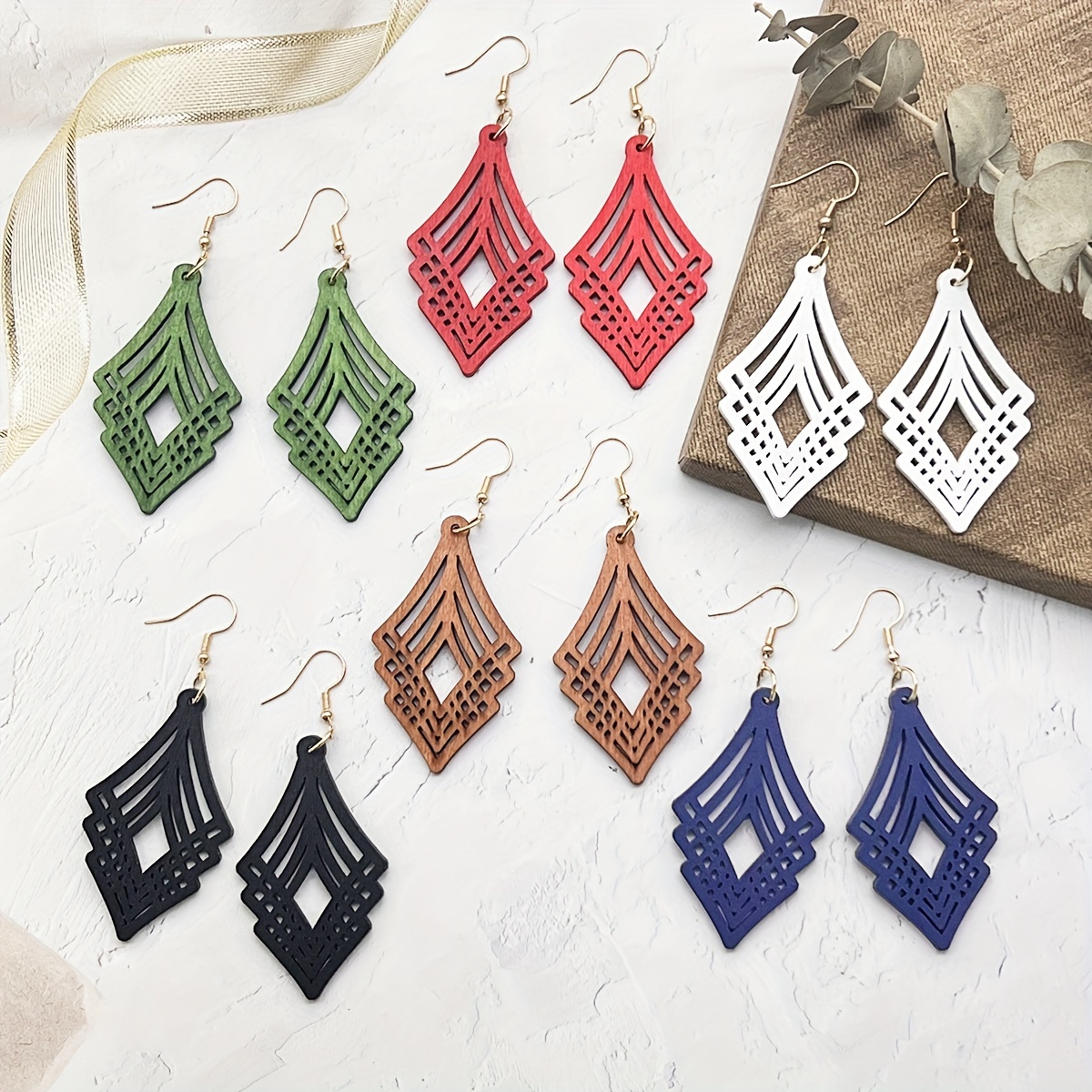 Image of 6 Pairs/set Minimalist Hollow Multicolor Mixed Wood Geometric Pendant Earrings, Bohemian -match Drop Wooden Ear Jewelry Women