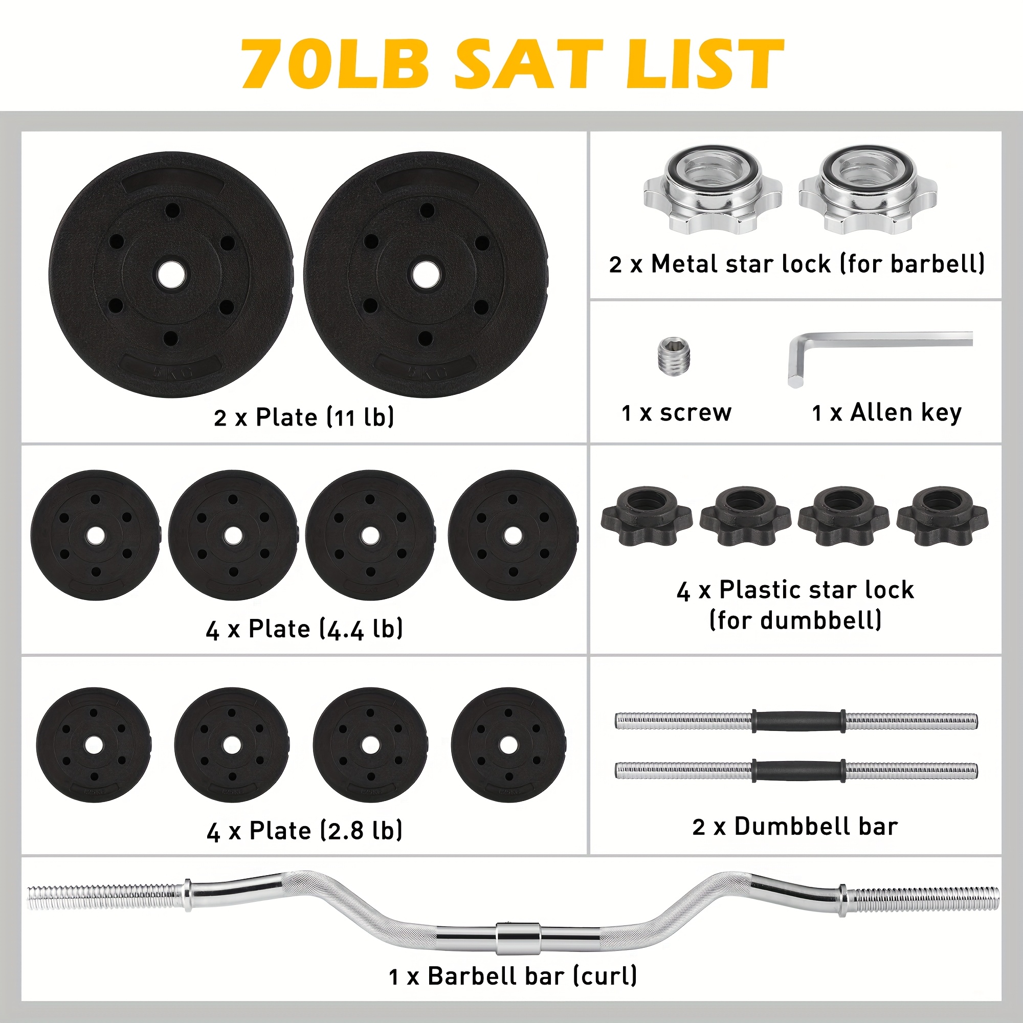 70LB 2in 1 Barbell Set, Curl Bar & Weights, Lifting Dumbbells Used As Barbell for Whole Body Workouts