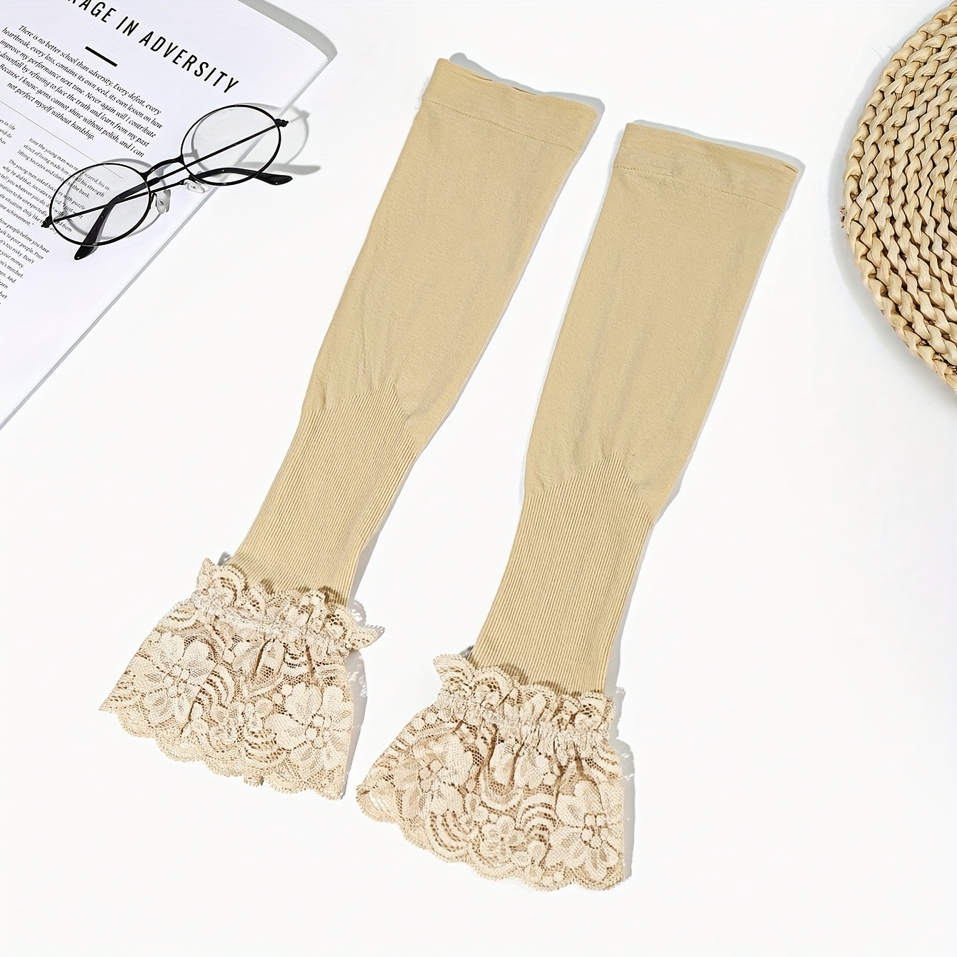 Image of 1 Pair Women's Long Sleeve Covers - Elastic Summer Sun Sleeves With Lace Trim, Lightweight Breathable Fabric For Outdoor Vacation Beach, (/tan/beige), Beach Essentials, , Stretchy Fit