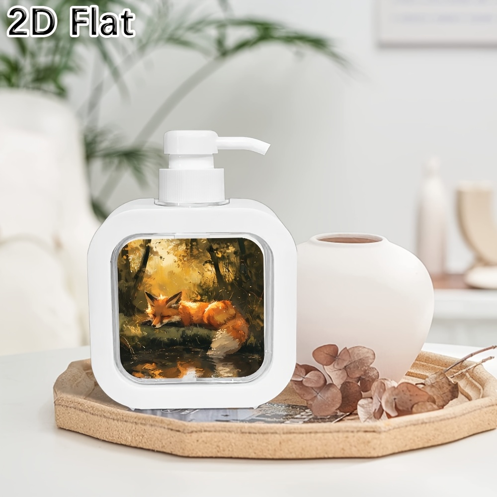 TEMU 1pc 2d Flat Reusable Manual Pump Dispenser Bottle, Fox Forest Pattern Refillable Container For Liquid Soap/lotion/shampoo, Countertop Organizer