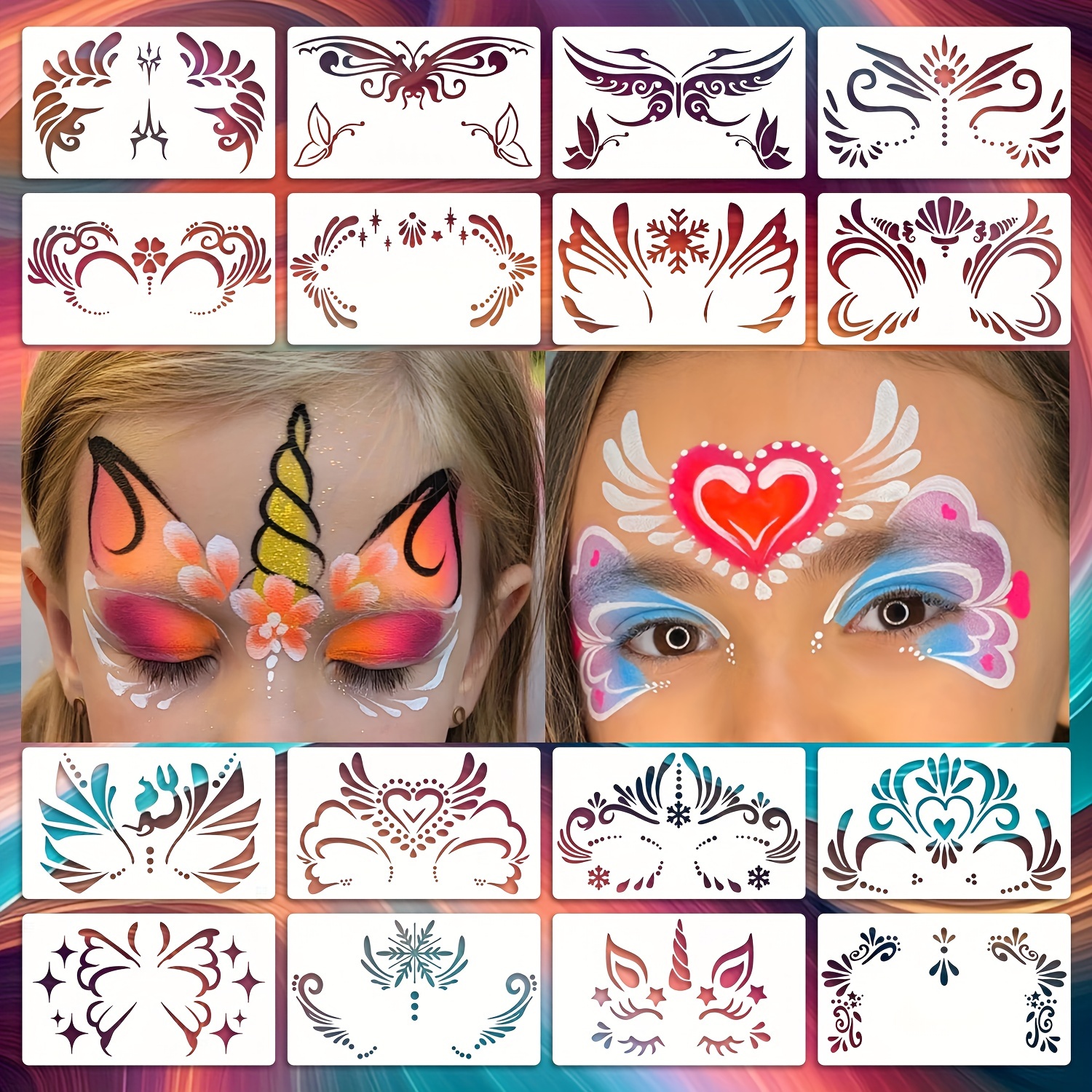 

16pcs Reusable Face Painting Stencils - Unicorn, Elf & Halloween Designs - Washable Pet Material For Stage Parties, Masquerade Balls & Makeup Performances