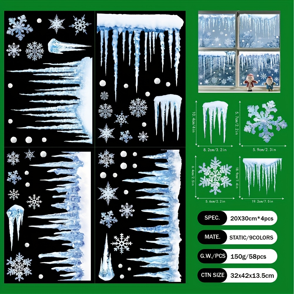 1 Set Of New Christmas Icicle Snowflake Glass Stickers, Restaurant And Balcony Decorative Electrostatic Clings