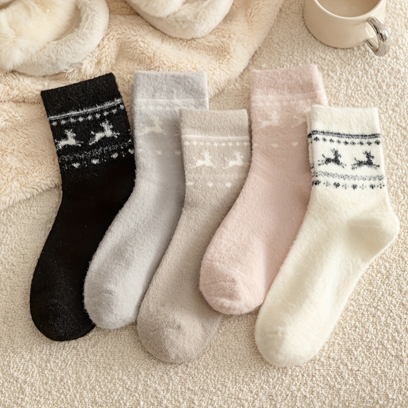 Image of 5 Pairs Of Australian Deer Socks For Women, Mid-calf Length, Thickened And Warm For Autumn And Winter, Perfect For Home And Postpartum Use