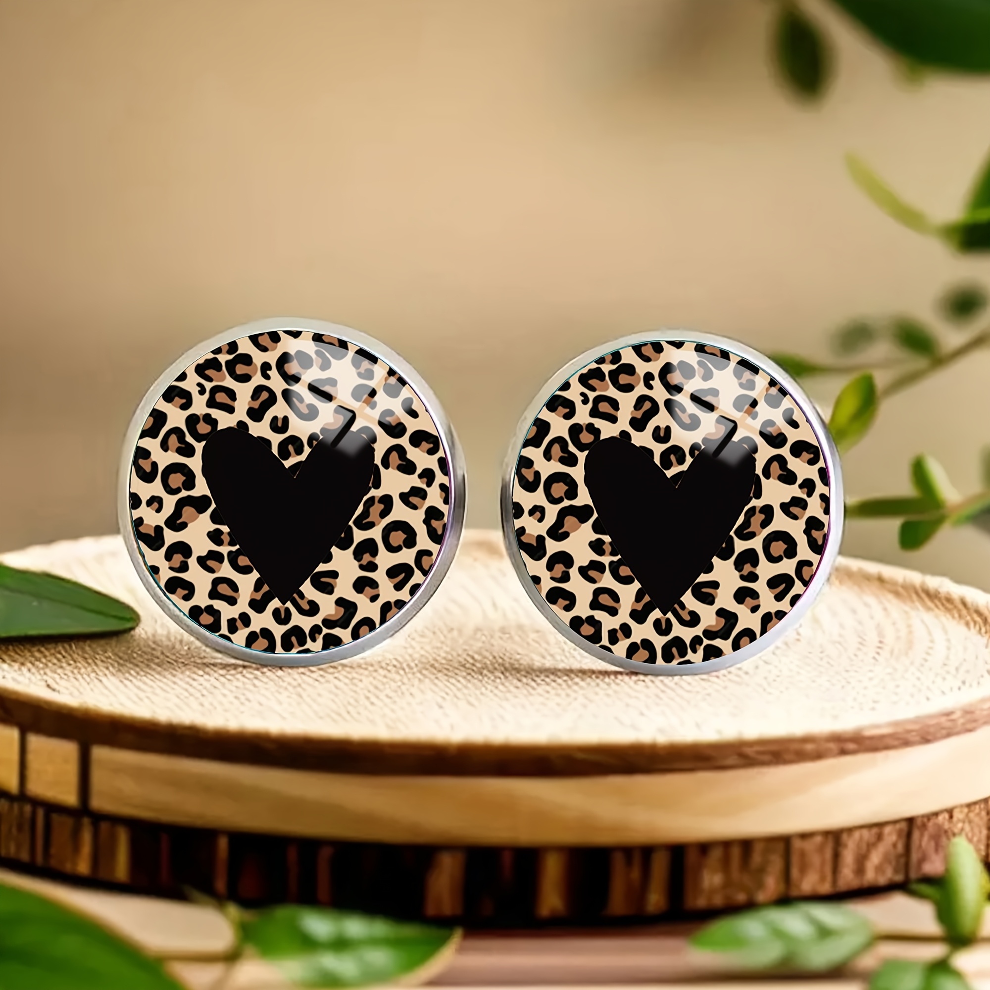 A Pair Of Leopard Print Heart Stainless Steel Stud Earrings, Elegant And Sexy Jewelry For Women And Men