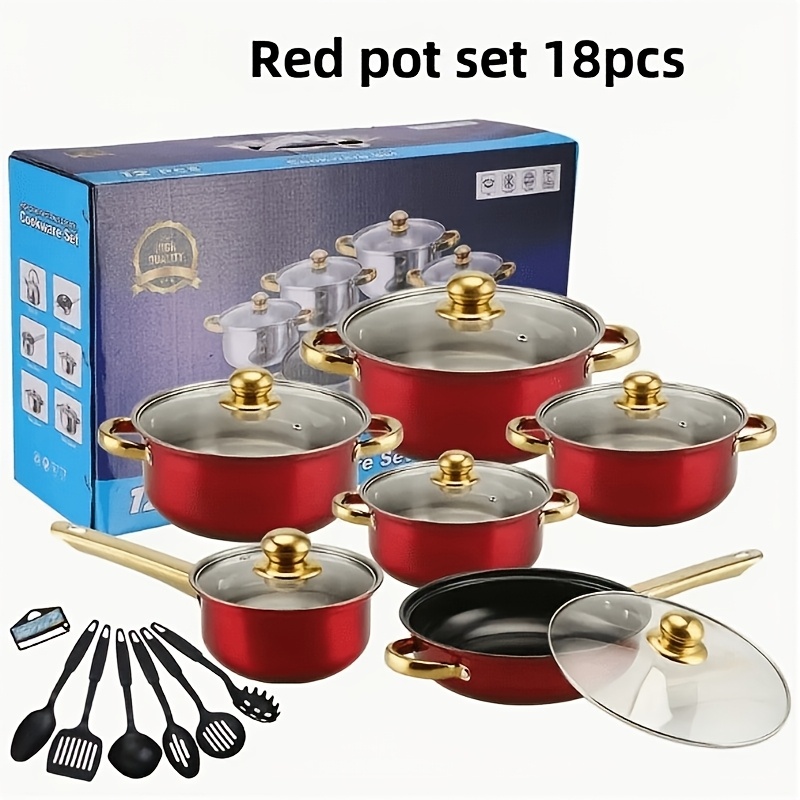 Temu – TEMU 18pcs Red Stainless Steel Cooking Utensils Set Non-reactive Easy Clean For Gas Electric Induction Ceramic Stoves