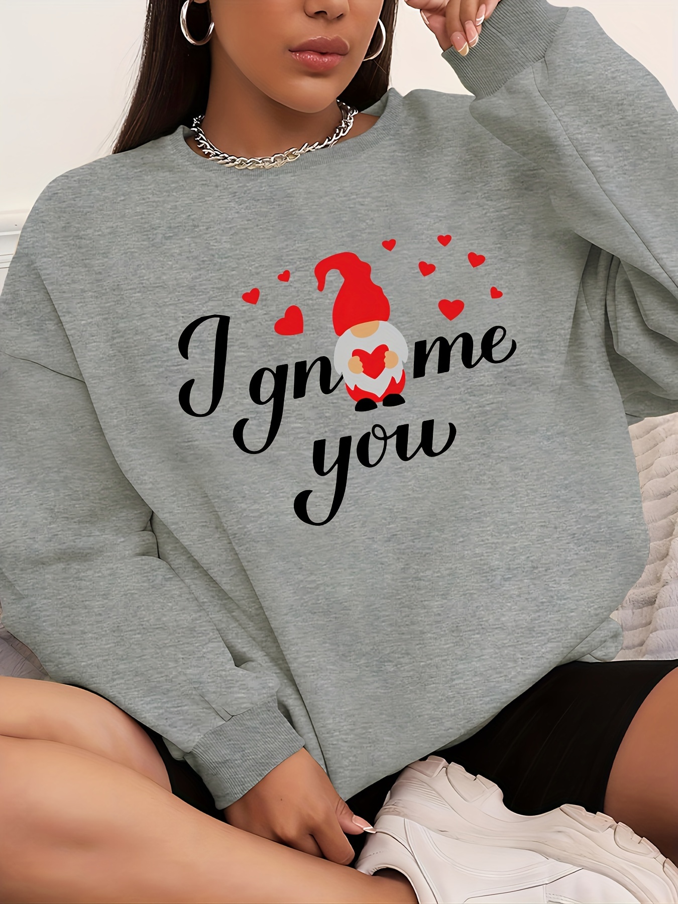 Gnome Letter Print Sweatshirt Plus Size Casual Long Sleeve Temu Australia