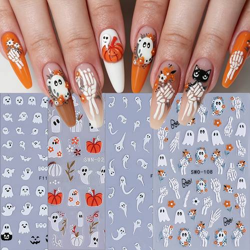 item picture 2 sheets 5d embossed halloween fall nail stickers cute rose flower leaf skeleton hand nail decals autumn thanksgiving stereo nail art stickers holiday diy manicure supplies for women nail salon decoration