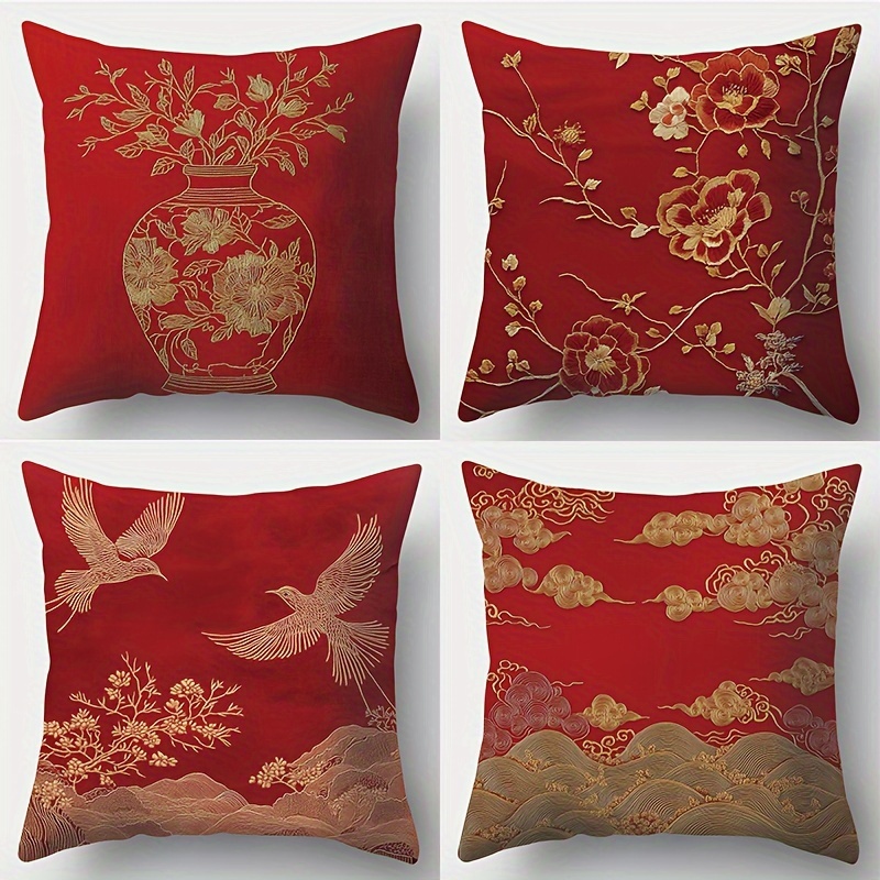 

4-pack Contemporary Style Throw Pillow Covers, Golden Vase & Bird Print, Polyester, Zippered, Machine Washable, Decorative Cushion Cases For Living Room Sofa Decor