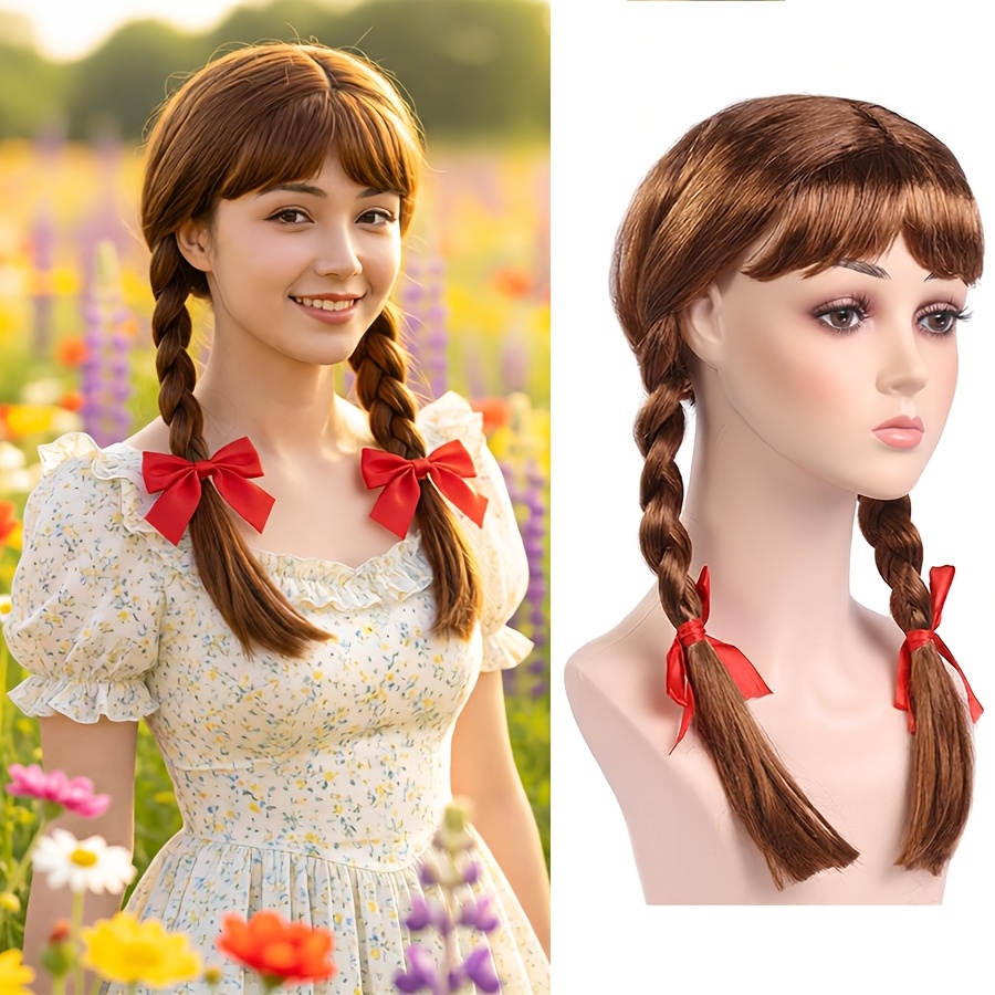 TEMU For Halloween Cosplay Wig Dress-up Show Double Ponytail Red Bow Character Modeling Wig Double Braid Modeling Wig Suitable For Halloween Party