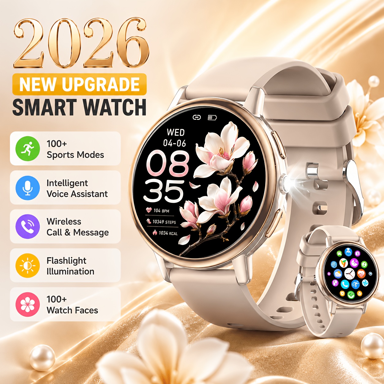 Hirreo Smart Watch For Women, Wireless Calls, 1.26-inch , , Menstrual Cycle, 100 Mode, Led Flashlight, , Weather Forecast, Music&camera Control, , Female Smartwatch For Iphone And