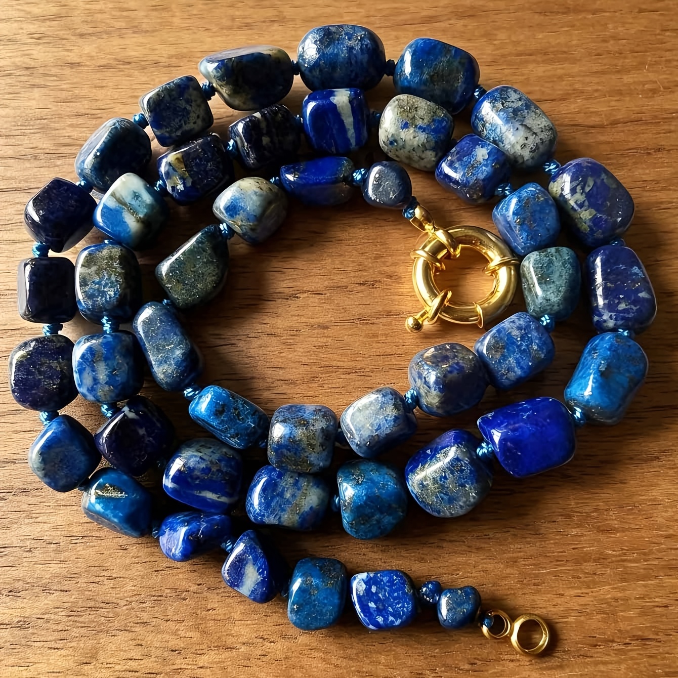 TEMU Collier naturel en d'or et lapis- bleu de irrégulière : Bijou noué avec perles de
