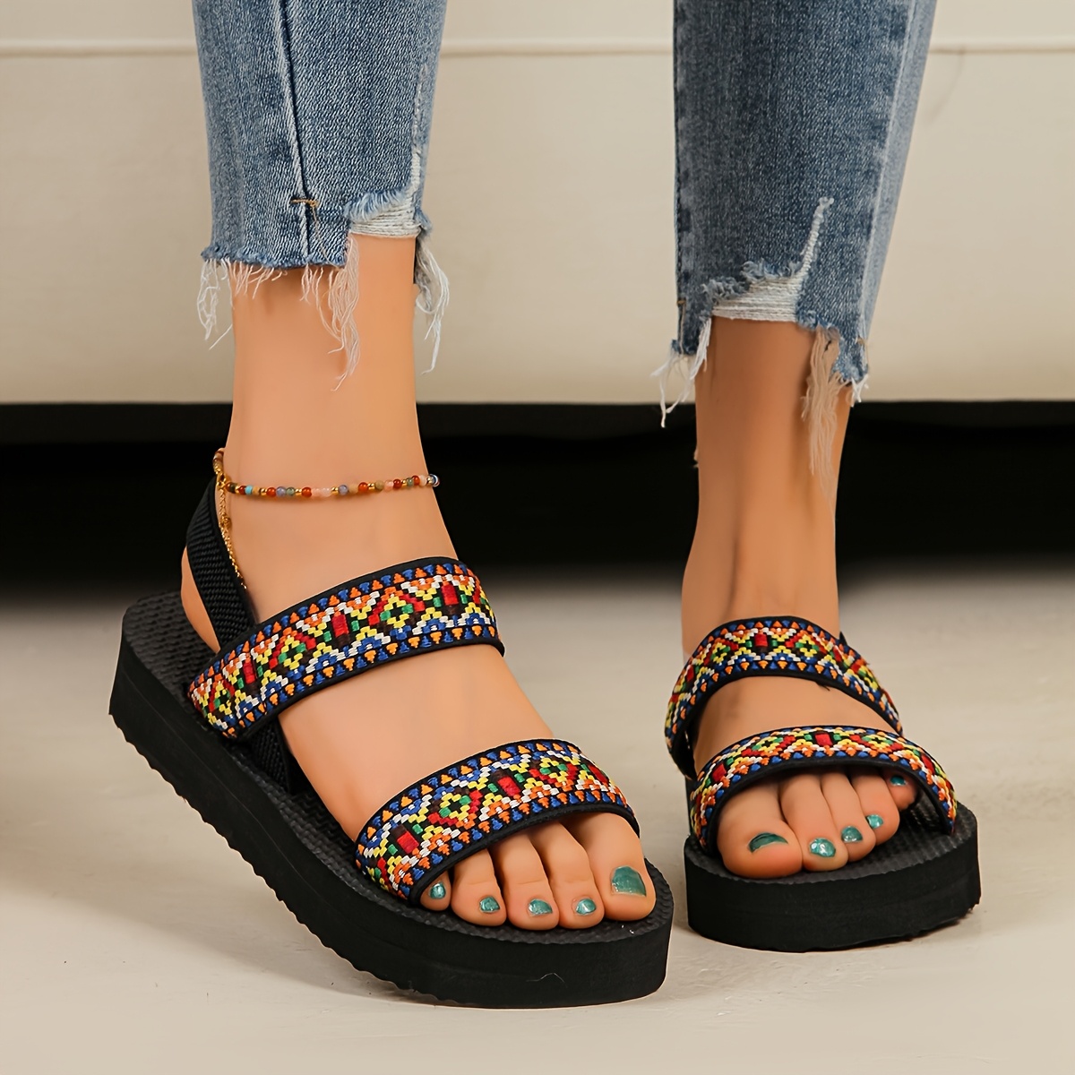 womens stylish slide sandals comfortable eva sole open toe with geometric pattern lightweight fabric straps   beach casual   indoor use   Product details 2