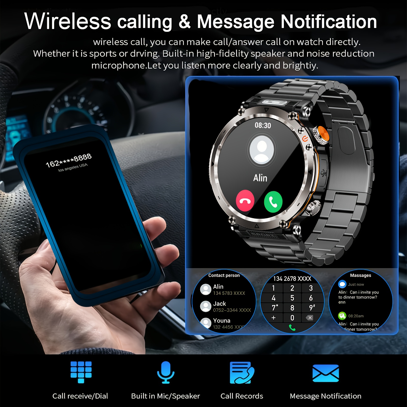 Montre Connectée de Sport d'Extérieur 1.7 pouces, Convient aux Hommes, Supporte Wireless 5.0, Écran IPS 360P, Boîtier en Alliage, en Silicone, Batterie Rechargeable 600Mah, Plus de 100 Modes Sportifs, Boussole, Fonction de Conversation, Chargement USB, Super Lampe Torche