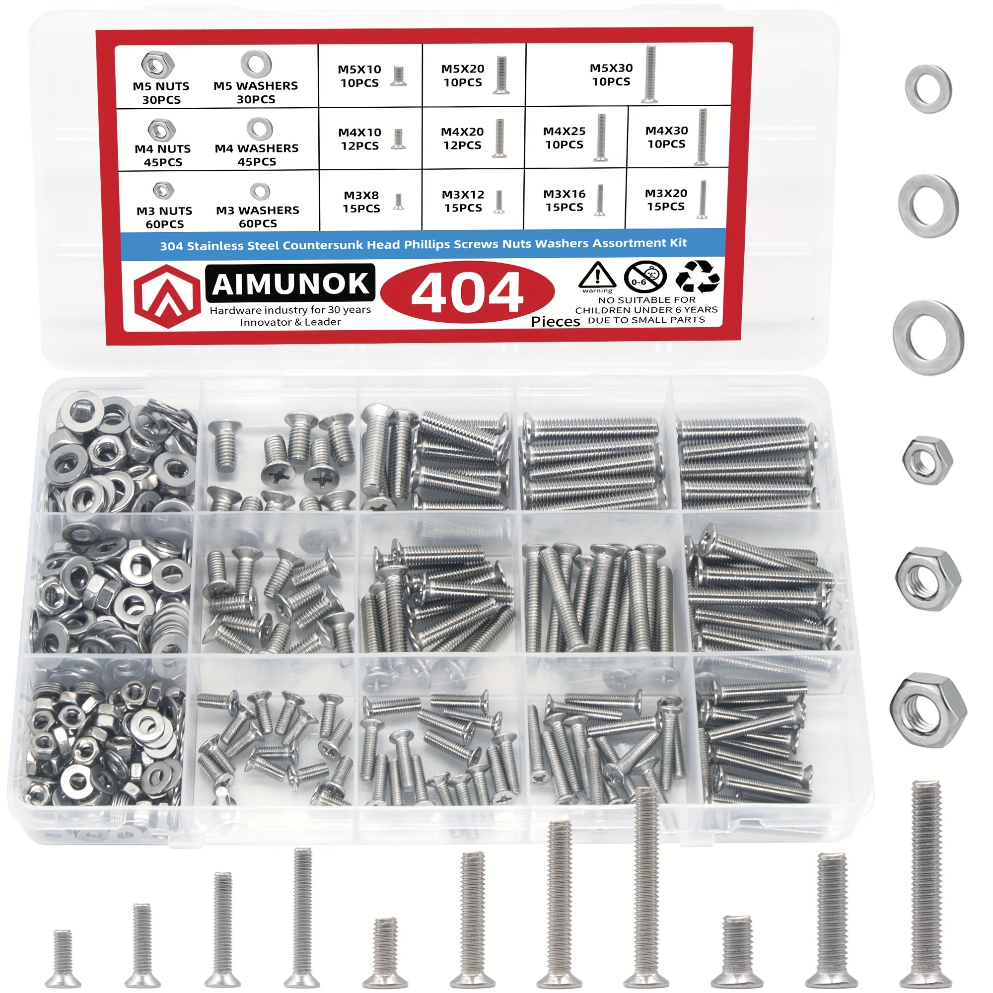 

404pcs Countersunk Head Screws With Nose Screw Set M3 M4 M5 Screw And Nut Washers 304 Stainless Steel Countersunk Head Screw Machine Screws For Diy Repair Fixing Accessories