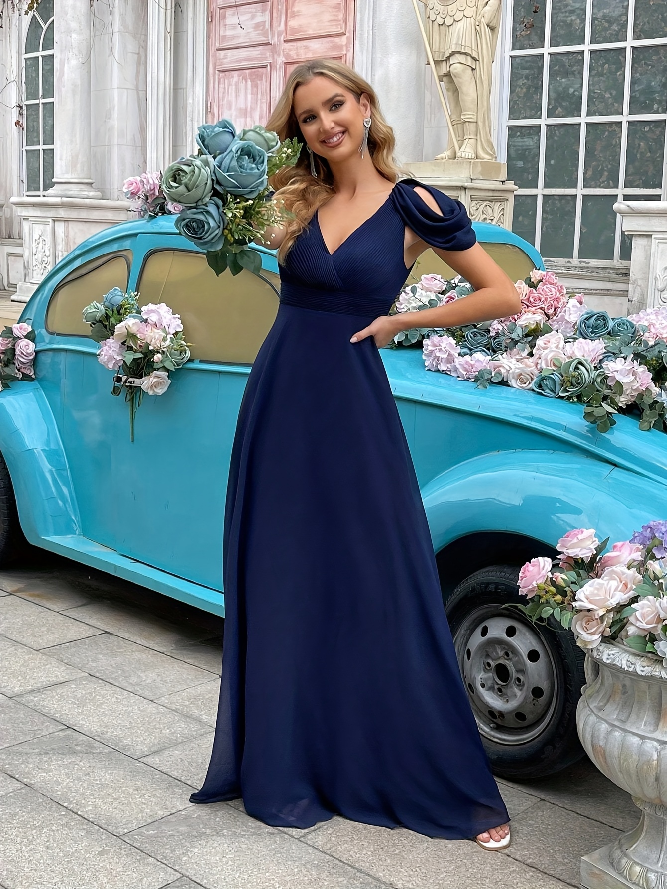 vera wang navy blue bridesmaid dress Navy Blue Deep V-Neck Chiffon A-Line Bridesmaid Dress BS015 – SHEER FAIRY main image 1