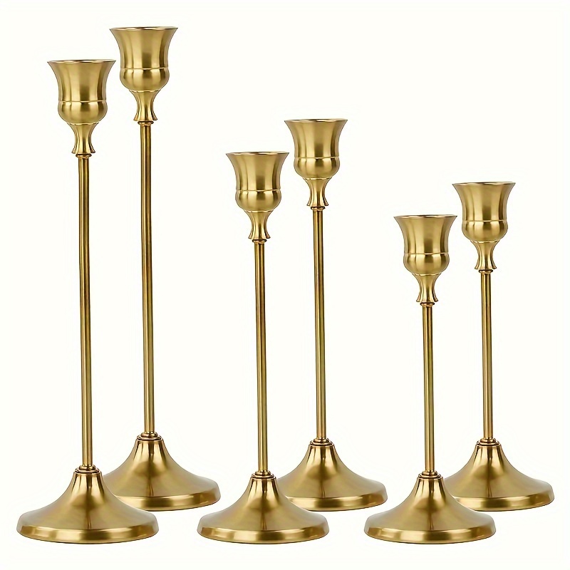 NLBTW Kerzenhalter-Set Aus Messing – 3-teilig, Goldfarben, Verschiedene Höhen (15,2-24,6 Cm) Für Tisch, Kamin & Deko