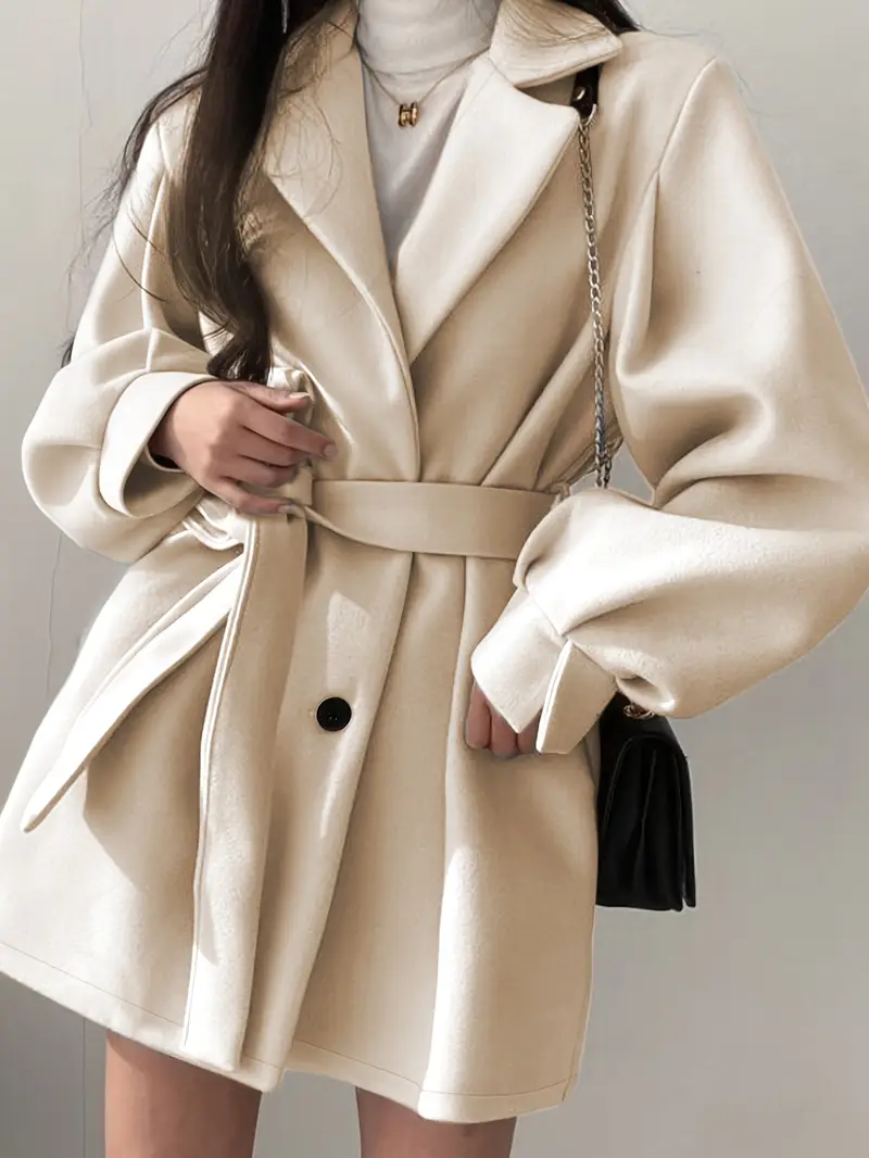 manteau d hiver beige pour femme - à col avec ceinture, manches courtes et structure rigide. col lavable machine idéal pour bureau, décontracté ou (automne/hiver) Détails du produit 3