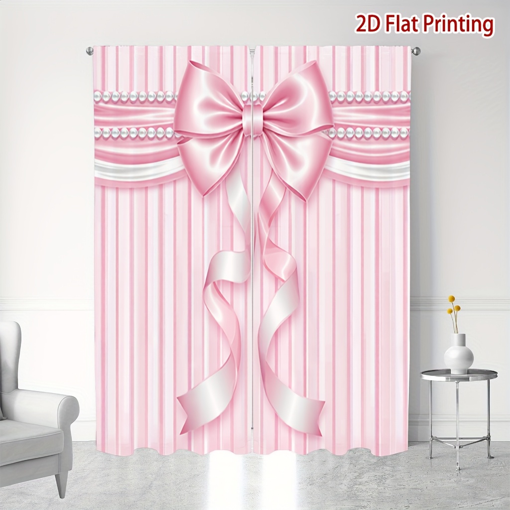 TEMU 2pcs Panels Pink Striped Bow Print Curtains Suitable For Living Room,, Bedroom - Semi-sheer Privacy Window Drapes With Bow, Rod Pocket
