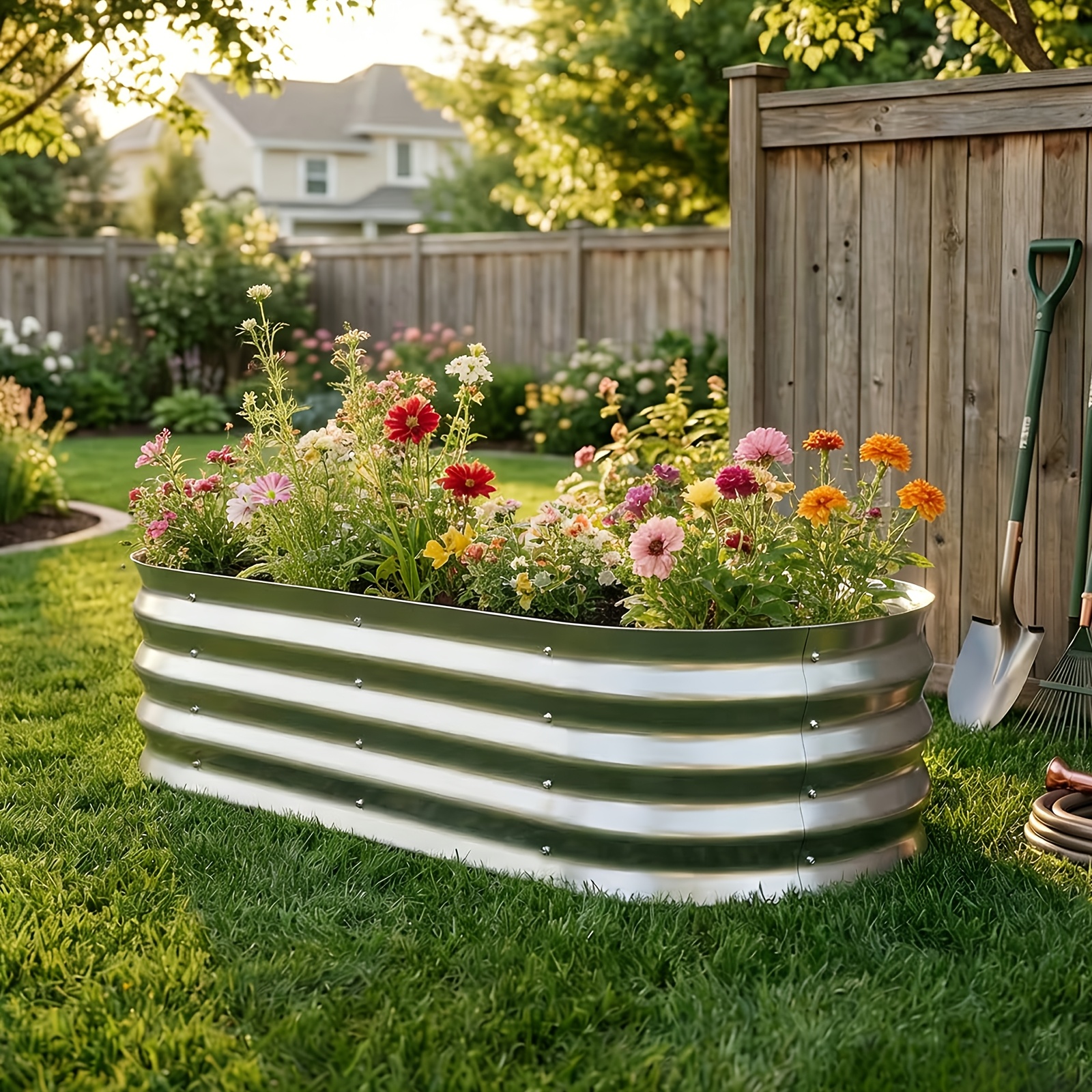 TEMU Galvanized Garden Bed, Large Outdoor Metal Planter Box, Suitable For Vegetables, Flowers, And Herbs, Heavy-duty Steel Raised Bed, Suitable For