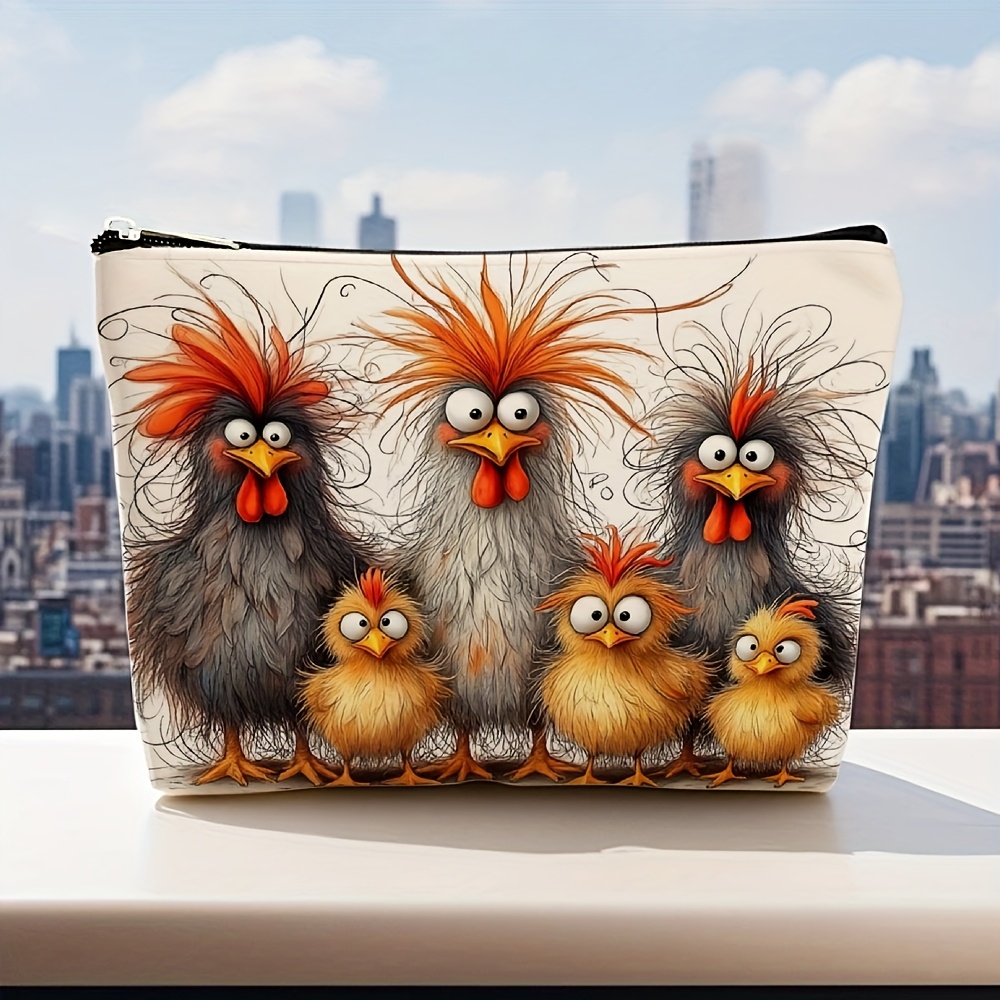 TEMU 1pc Cute Chick Family Makeup Bag - Zippered Cosmetic Case Suitable For &, Farm Animal Print With Rooster Hen Chicks Design, Beige/black/red,