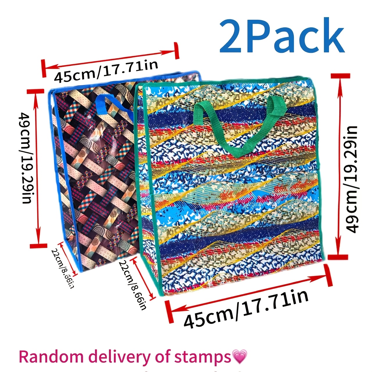 TEMU 2pcs Woven Moving Bags (45x49x22cm), Single Or Double Zipper Storage , Color- Handles & Edging, Durable Foldable Organizers For Clothes, Bedding