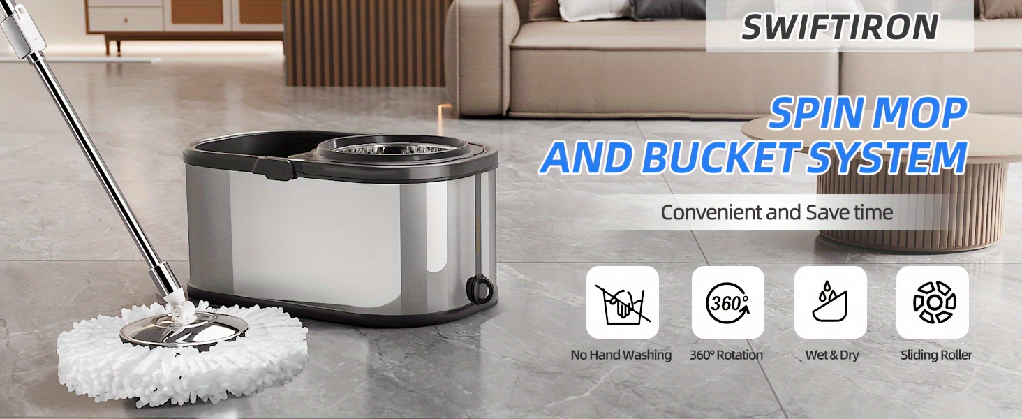 stainless steel spin mop and bucket set with wringer 360 degree rotating mop with reusable microfiber head for living room bedroom bathroom toilet kitchen no electricity required details 0