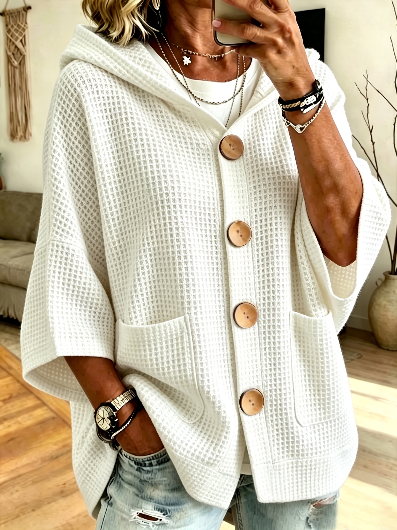 plus size womens plus size waffle hooded sweatshirt elegant comfortable easy solid   size womens front   hooded sweatshirt fashionable and versatile
