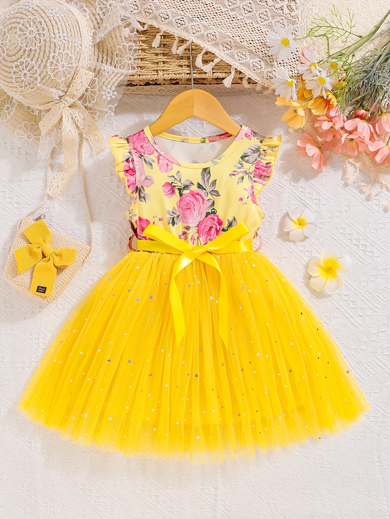 Coviviky Girls' Summer Dress with Ruffle Sleeves Vibrant Floral Print  Star Sequins, Yellow Tulle Skirt with Belt Detail, Knee-Length, Polyester 