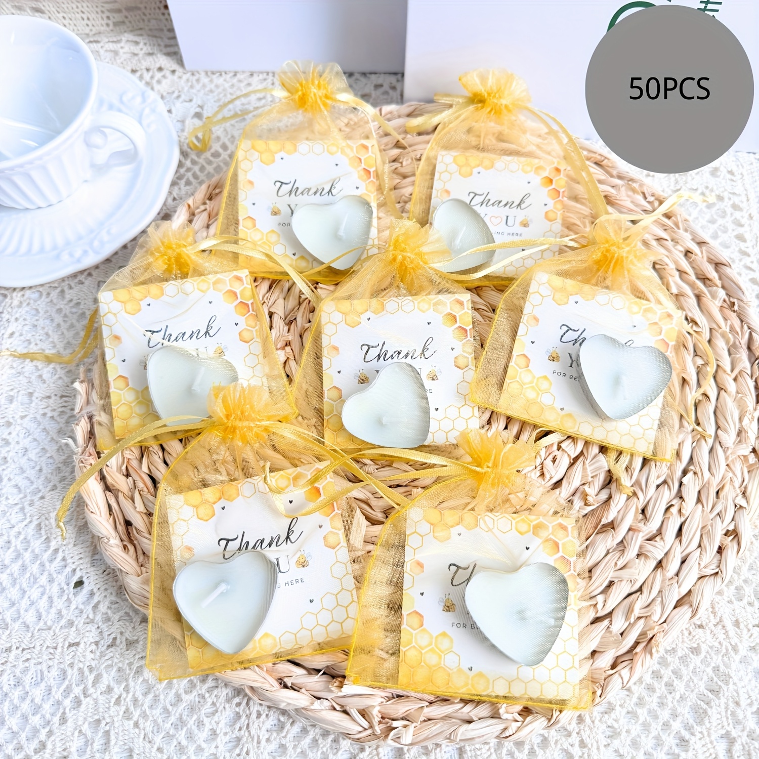 Image of Gift For Her/him 50/100 Set Wedding Favors Heart Shaped Tealight Candles And Thank You Cards With Golden Organza Bags Bee Themed Party Decorations Centerpieces For Tables For Wedding Shower