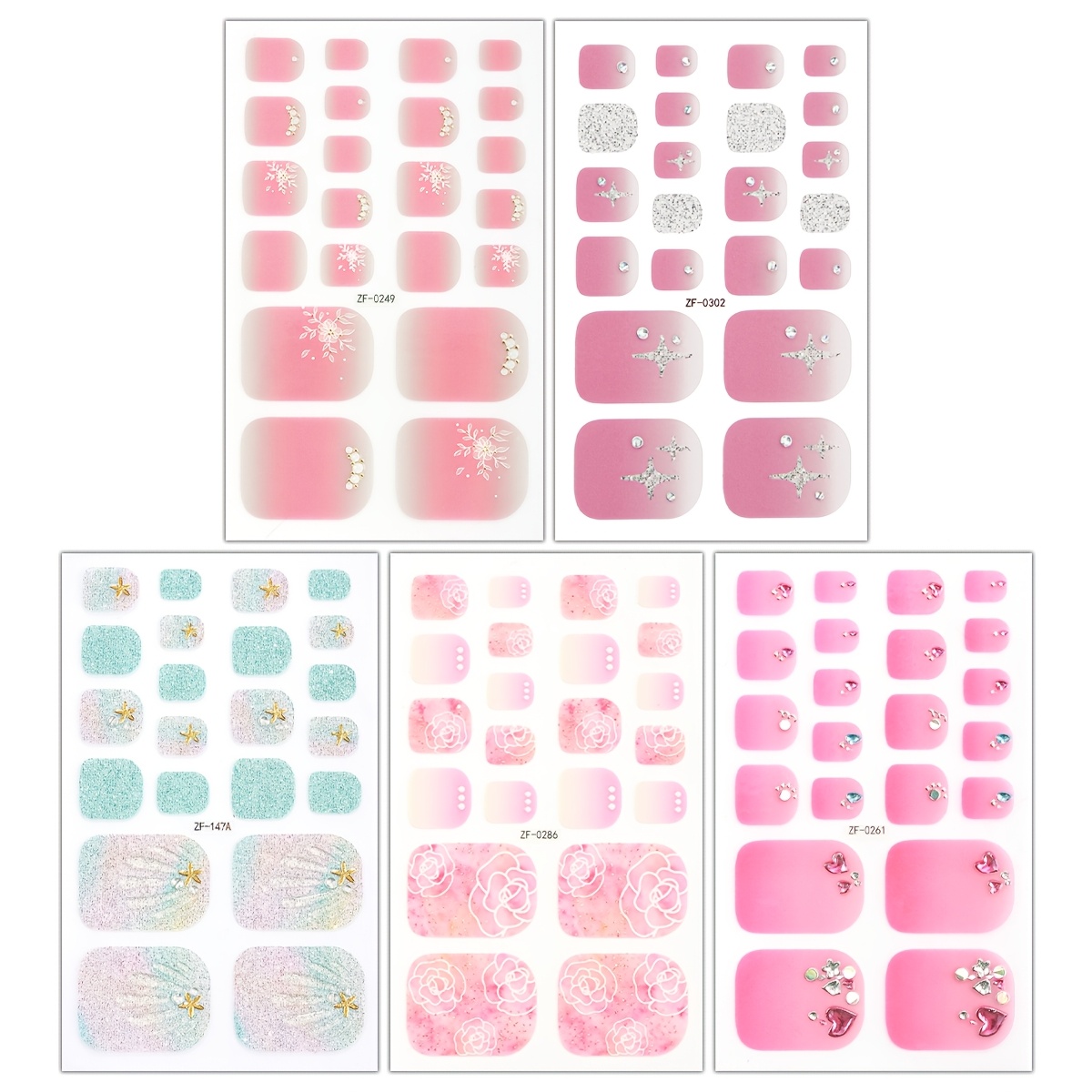 5pcs Rhinestone Flowers Toenails Polish Stickers Summer Full Wraps Self Adhesive Toe Nail Polish Strips For Women Foot Nail Sticker Diy Nail Art Decoration