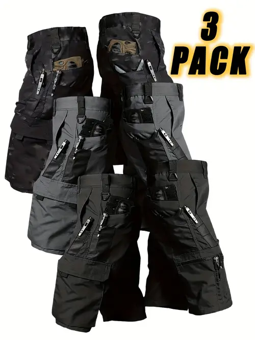 3pcs mens summer quick dry cargo shorts with multiple pockets solid color gray black khaki green for camping fishing hiking cycling versatile shorts