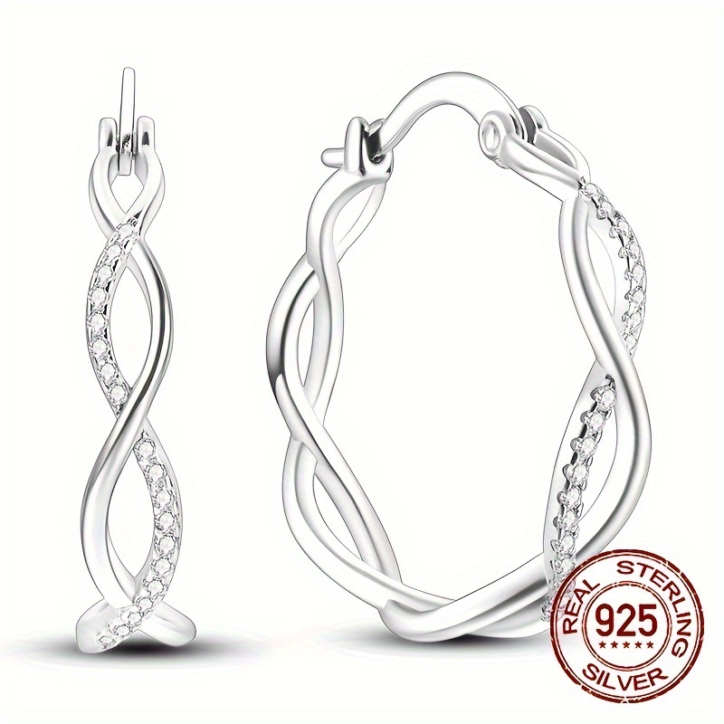 

1 Pair S925 Sterling Silver Trendy Hoop Earrings, Geometric Lines Sparkly Interwoven Hoop Earrings Zircon Decor Elegant Luxury Style Exquisite Wedding Party Jewelry Gifts 2.2g/0.08oz